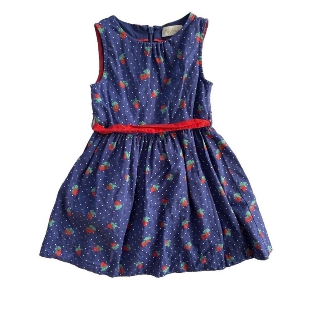 Mini Boden Blue Girls Dress Fit Flare Strawberry Polka Dot Size 2-3 Cotton Linen